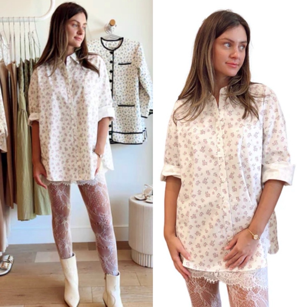 For Love And Lemons White Floral Button Down Shirt